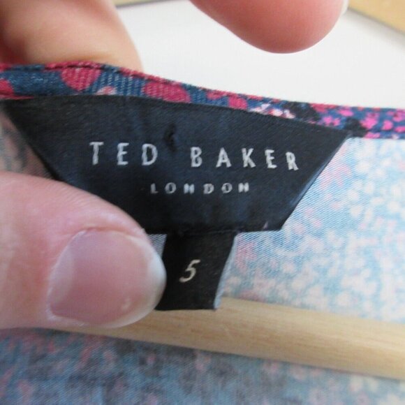 Ted Baker Jersey Faux Wrap Dress 5 Blue Pink Floral Viscose Pleated Preppy 370 - Picture 3 of 12